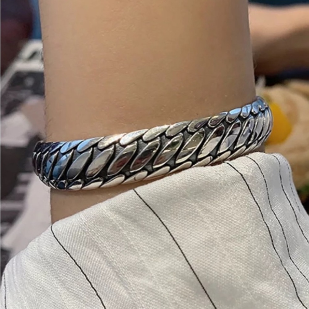 Sterling Silver Chain Design Engraved Cuff Bangle Bracelet - Picture 5 of 9